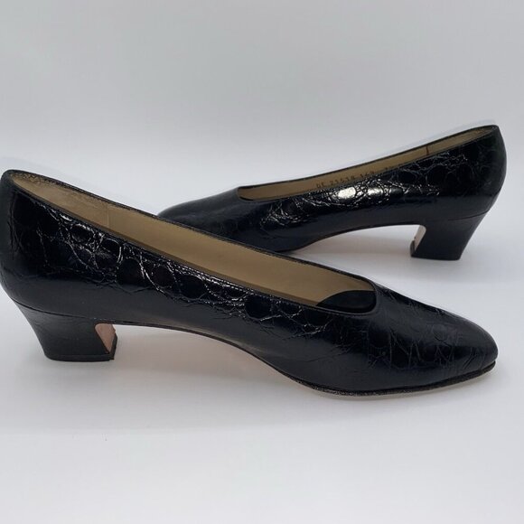 Salvatore Ferragamo Black Leather Croc Print Low Block Heel Slip-On 7.5AA Shoes - Picture 1 of 16